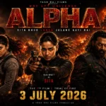 Official-style ALPHA (2026) movie poster featuring Alia Bhatt as Sita holding a gun, Sharvari Wagh as Ruhi with a knife, Bobby Deol as Fateh in a dark military outfit, against a burning city and Lanka-inspired background from the YRF Spy Universe.