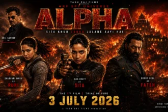 Official-style ALPHA (2026) movie poster featuring Alia Bhatt as Sita holding a gun, Sharvari Wagh as Ruhi with a knife, Bobby Deol as Fateh in a dark military outfit, against a burning city and Lanka-inspired background from the YRF Spy Universe.