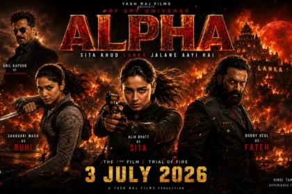 Official-style ALPHA (2026) movie poster featuring Alia Bhatt as Sita holding a gun, Sharvari Wagh as Ruhi with a knife, Bobby Deol as Fateh in a dark military outfit, against a burning city and Lanka-inspired background from the YRF Spy Universe.