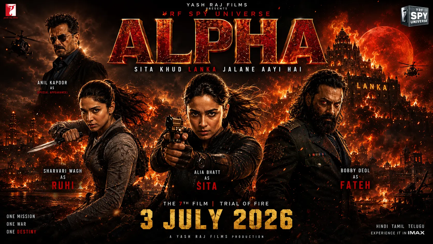 Official-style ALPHA (2026) movie poster featuring Alia Bhatt as Sita holding a gun, Sharvari Wagh as Ruhi with a knife, Bobby Deol as Fateh in a dark military outfit, against a burning city and Lanka-inspired background from the YRF Spy Universe.