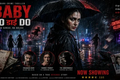Baby Do Die Do movie poster featuring Huma Qureshi as a deaf-mute contract killer holding an umbrella in heavy rain, with Sikandar Kher, Chunky Pandey, neon-lit crime city, revenge theme, and noir cinematic atmosphere.