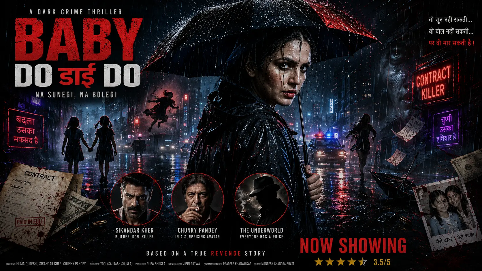 Baby Do Die Do Movie Review: एक अलग अंदाज़ में बनी थ्रिलर फिल्म 7 Baby Do Die Do movie poster featuring Huma Qureshi as a deaf-mute contract killer holding an umbrella in heavy rain, with Sikandar Kher, Chunky Pandey, neon-lit crime city, revenge theme, and noir cinematic atmosphere.