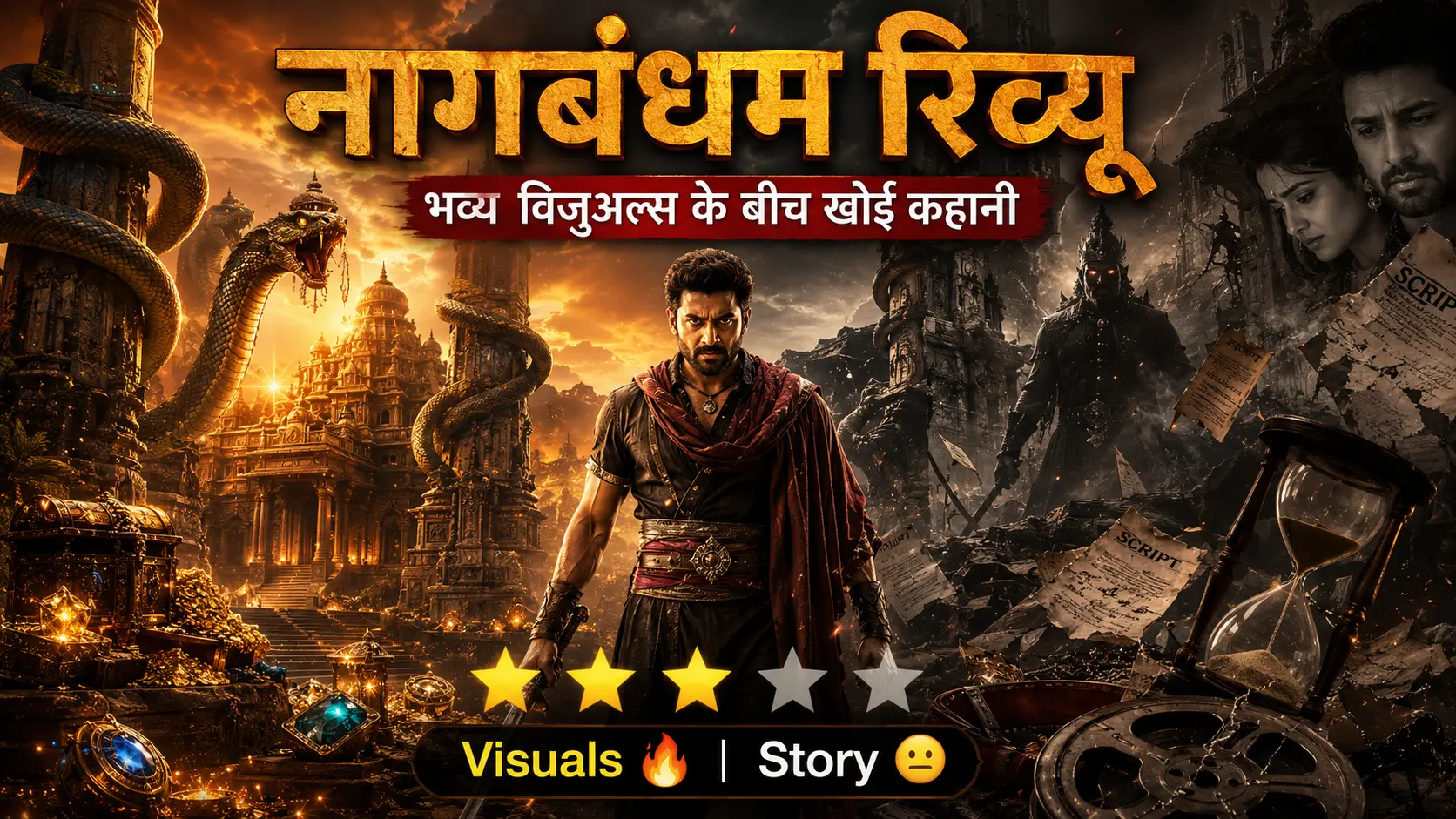 Nagabandham movie review thumbnail featuring a fearless Indian warrior in front of an ancient South Indian temple with giant mystical serpent, cinematic fantasy visuals, contrasting dark side representing weak story, Hindi title 'नागबंधम रिव्यू', 3 out of 5 star rating.
