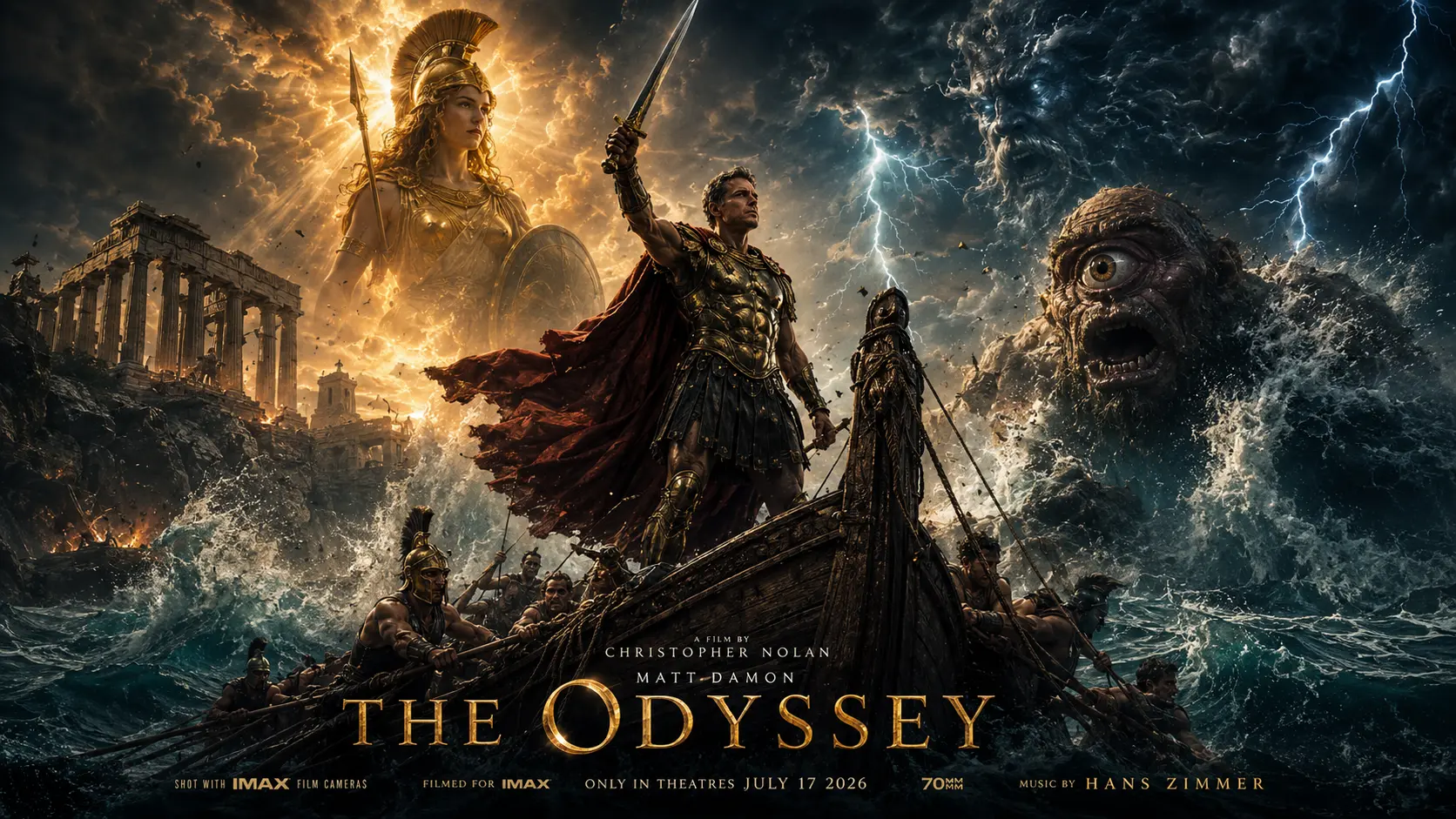 The Odyssey 2026 official movie poster featuring Matt Damon in Christopher Nolan's epic film