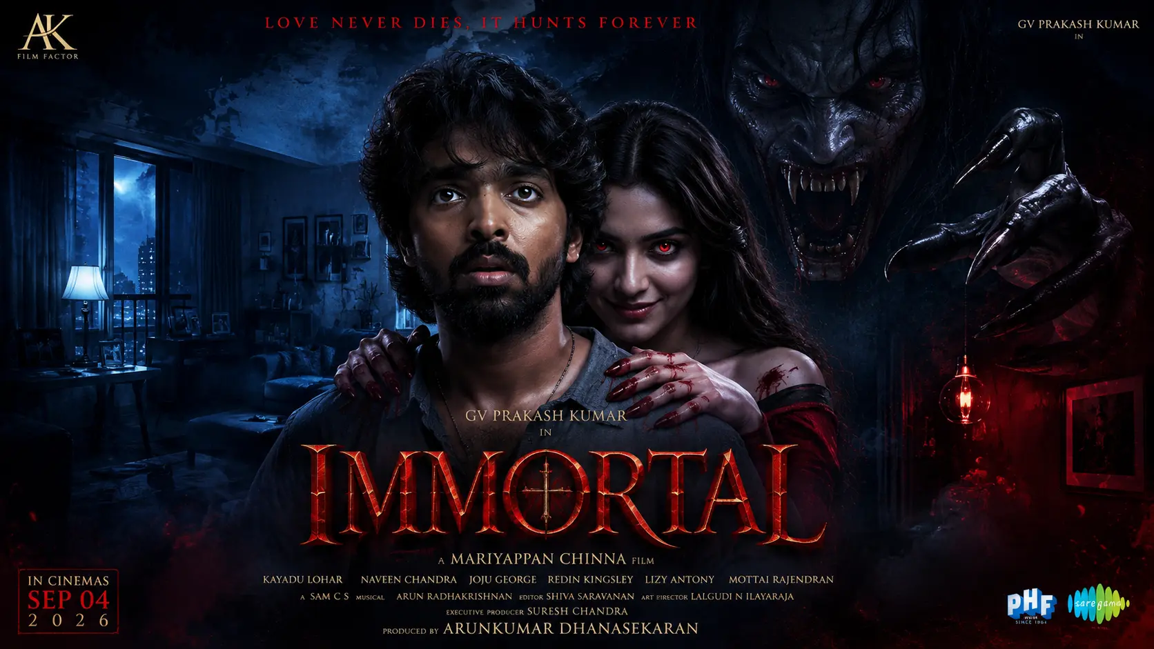 Immortal Movie Review 2026 poster featuring GV Prakash Kumar and Kayadu Lohar in a vampire horror thriller.